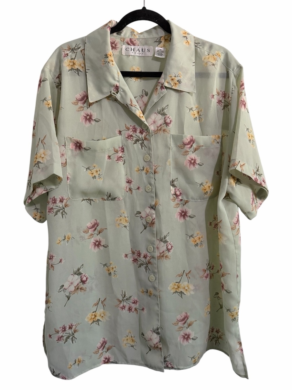 Chaus Women’s Size 18 Floral Button Front Blouse Sage Green Semi Sheer Top